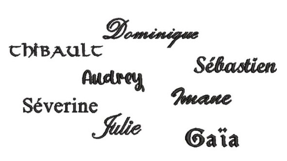 Les 8 polices de broderie disponibles chez PSC Brod : Dominique, Thibault, Audrey, Sébastien, Séverine, Imane, Julie, Gaïa